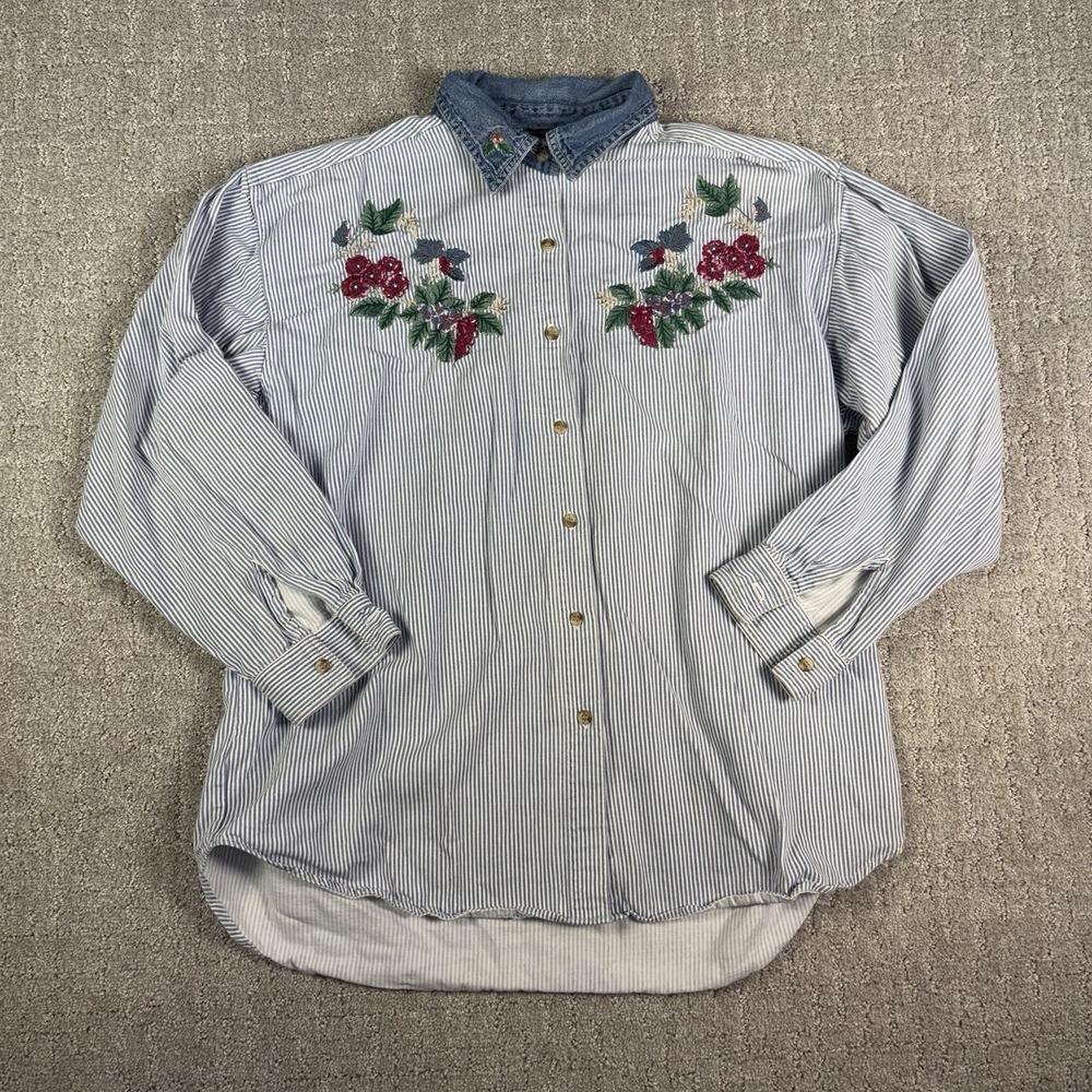 VTG 90s Lets Quizz Floral Embroidered Denim Collar Stripe Cottagecore L Folk Art